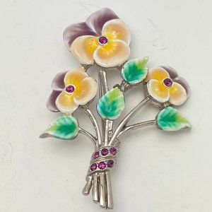 Enameled & Rhinestone Floral Brooch